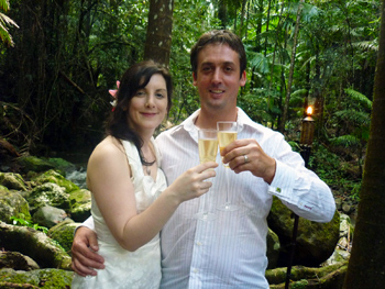 Damian & Clare from England held their intimate Handfasting Wedding with Marry Me Marilyn at Crystal Creek Rainforest Retreat NSW they are toasting their Marriage with Champagne